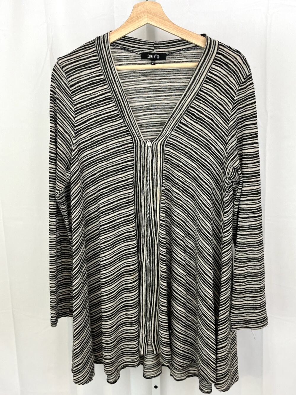 COMFY USA Size L Striped Zip Up Cardigan Tunic Sweater Lightweight Black Beige